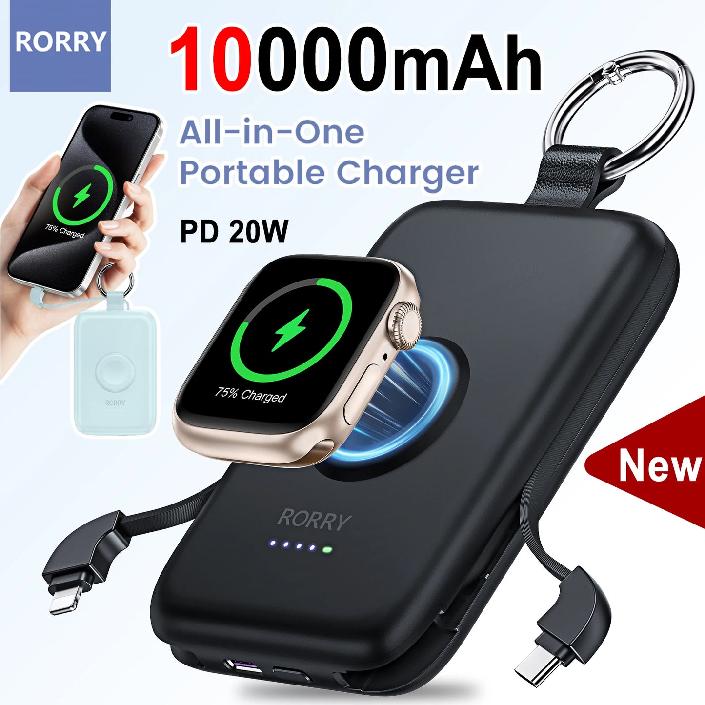 RORRY 10000mAh PD20W Portable Power Bank for iPhone 15 14 13 Built-in Cable Magnetic Wireless portable Charger for Apple Watch