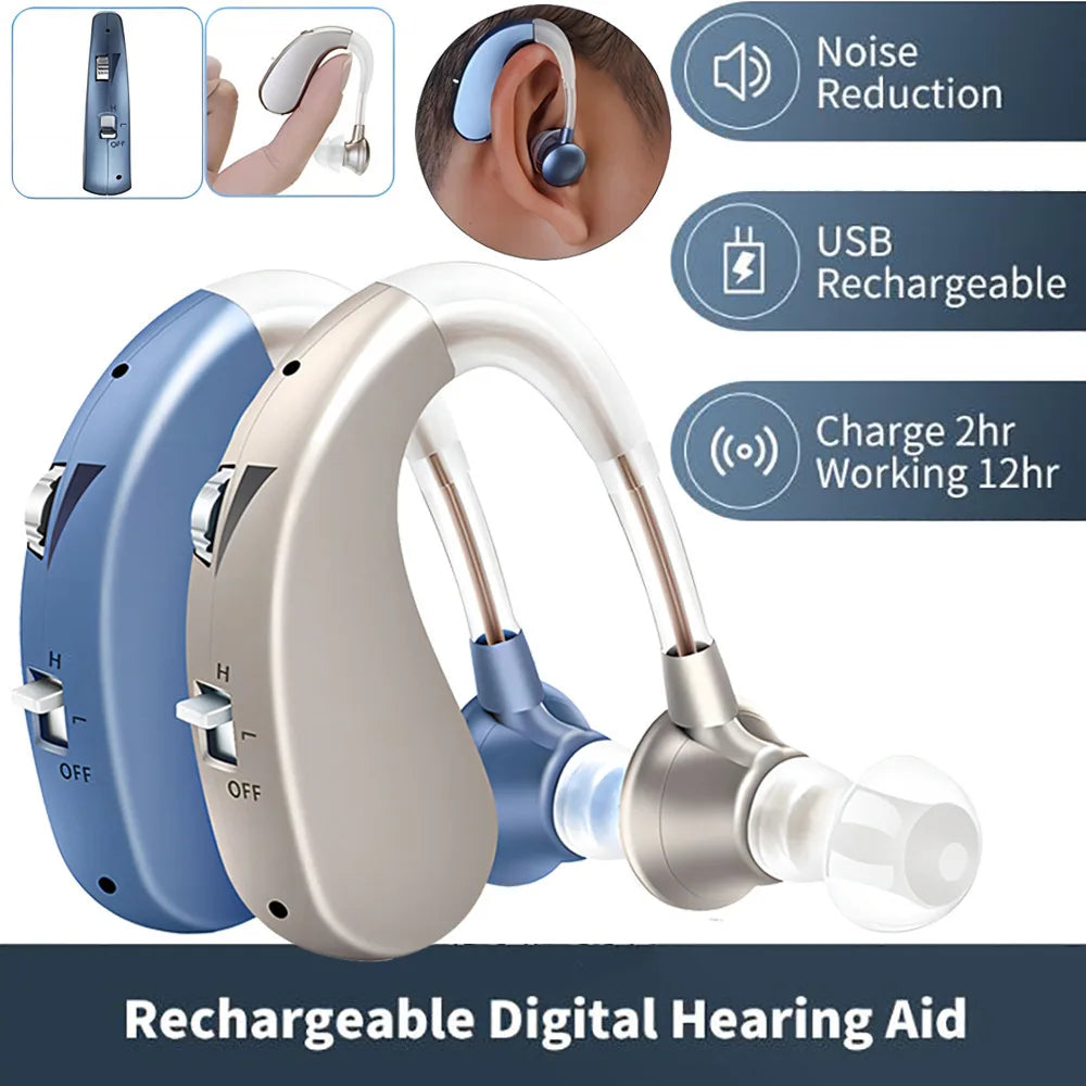 Hearing Aid Earphones Ear-Hook Charging Comfort Assisted Listening Adjustable Dual Sound Amplifier Headset Earbuds For Elderly